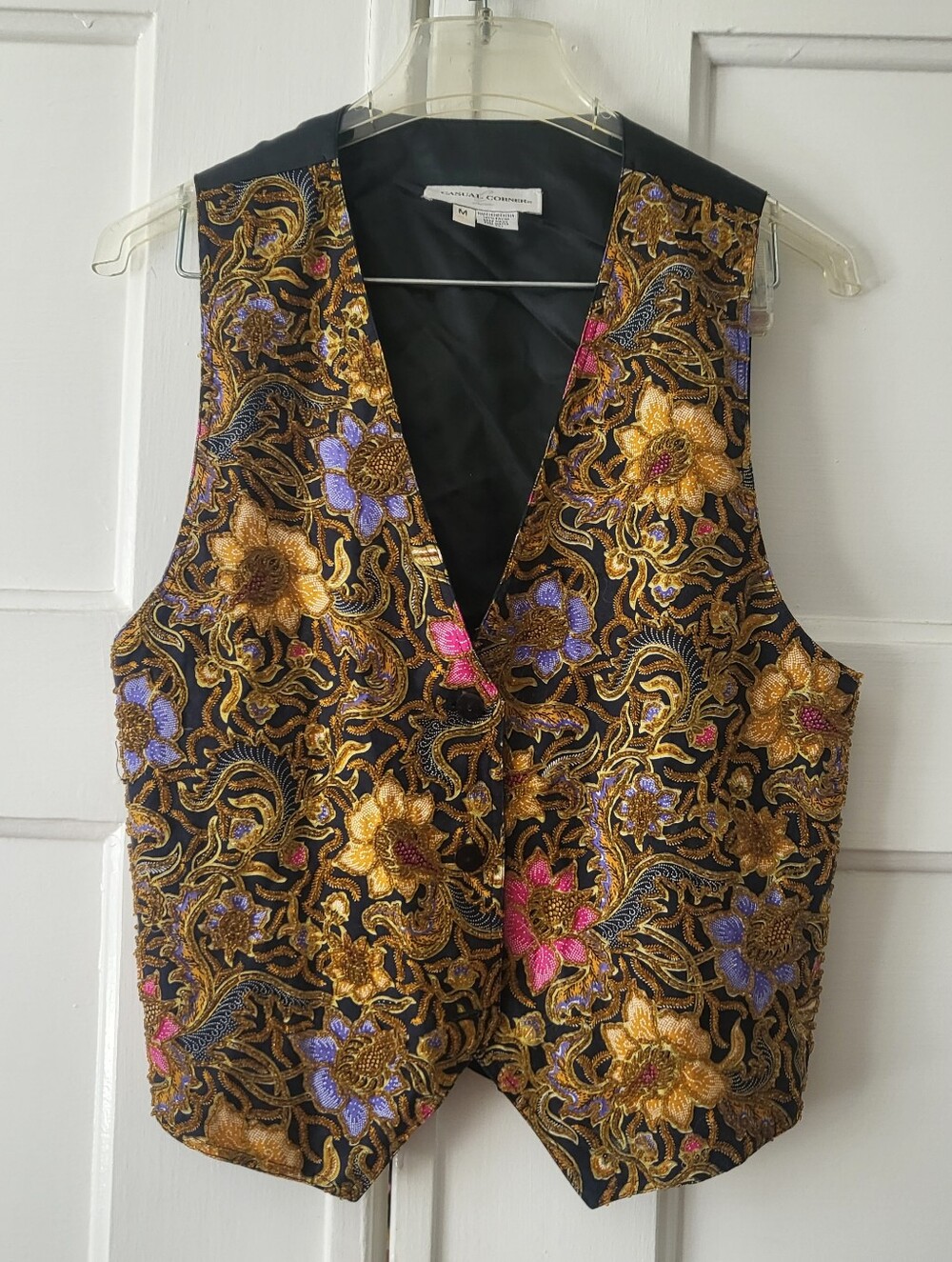 Vintage Vest Casual Corner Beaded Multi Colored Florals Yellow Black Women's M